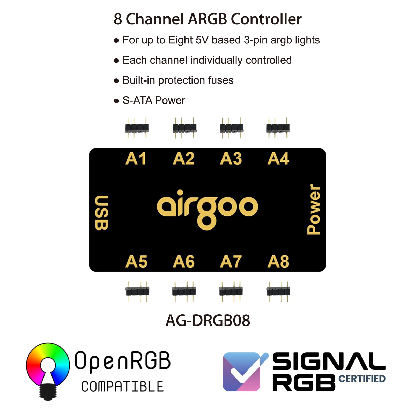 airgoo Magnetic 8-Port ARGB Controller, Compact SATA Powered ARGB PC Lighting Hub, Easy Install for Mini & Mid-Tower Cases, Compatible with SignalRGB & OpenRGB, AG-DRGB08 - 2