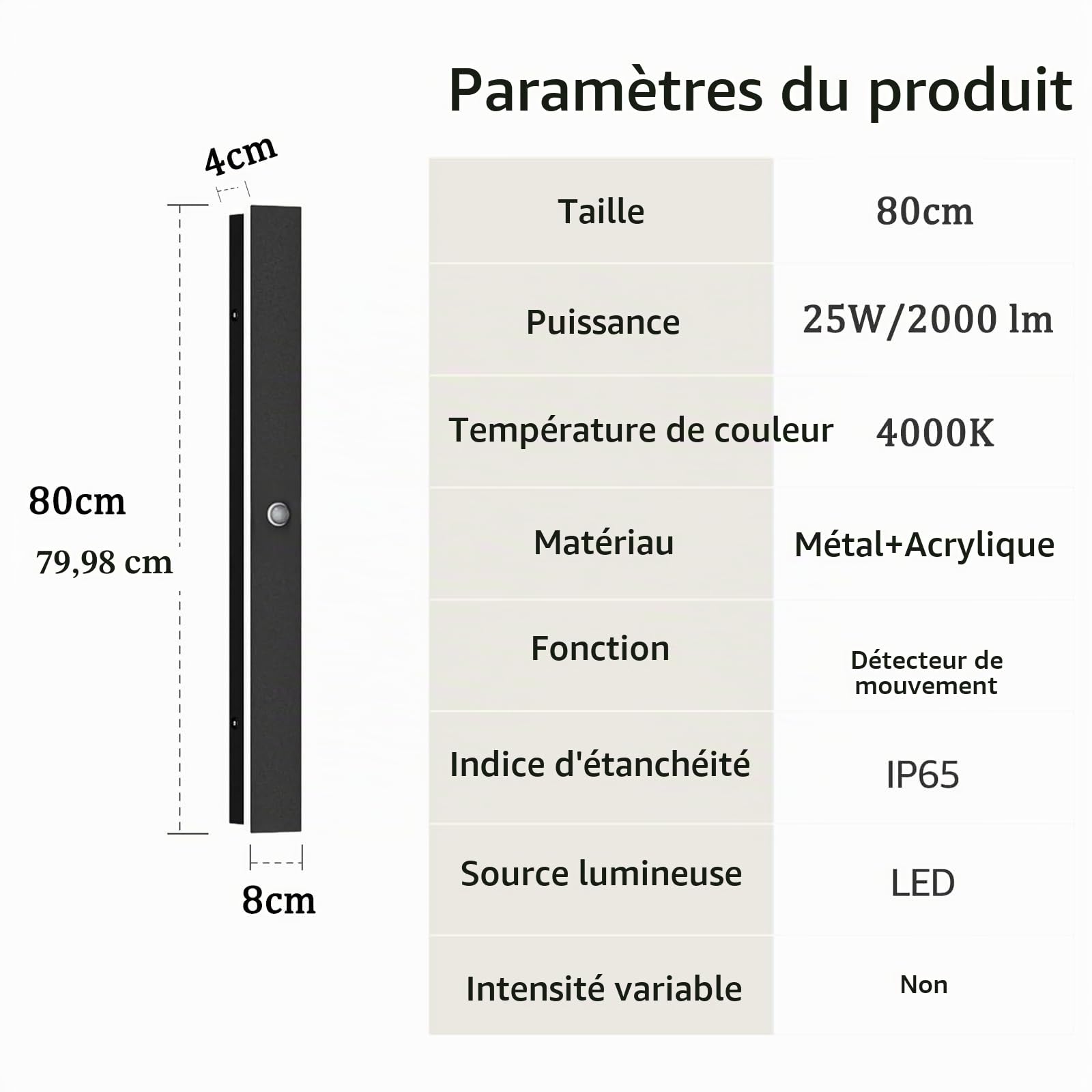 LED Luminaire Exterieur Murale Détecteur de Mouvement Longue Applique Murale 80CM Noir Etanche Lampe Murale Moderne Éclairage Mural Porch Garage Patio, Blanc Naturel 4000K 25W