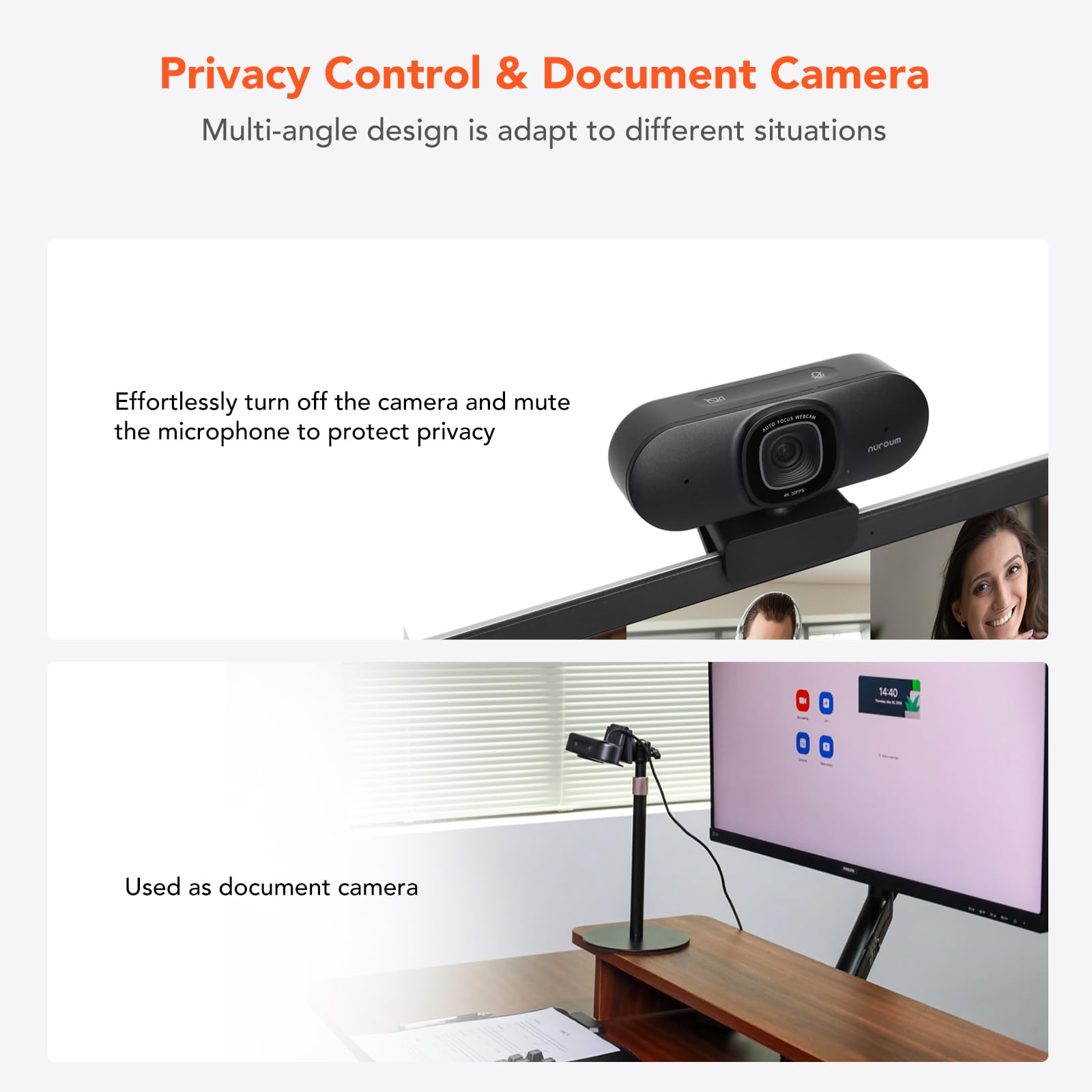 Webcam 4K NewlineWork Con Microfono Doppio | Cancellazione Rumore, Autofocus, Luce Integrata | Con Copertura Privacy E Treppiedino - Foto 6