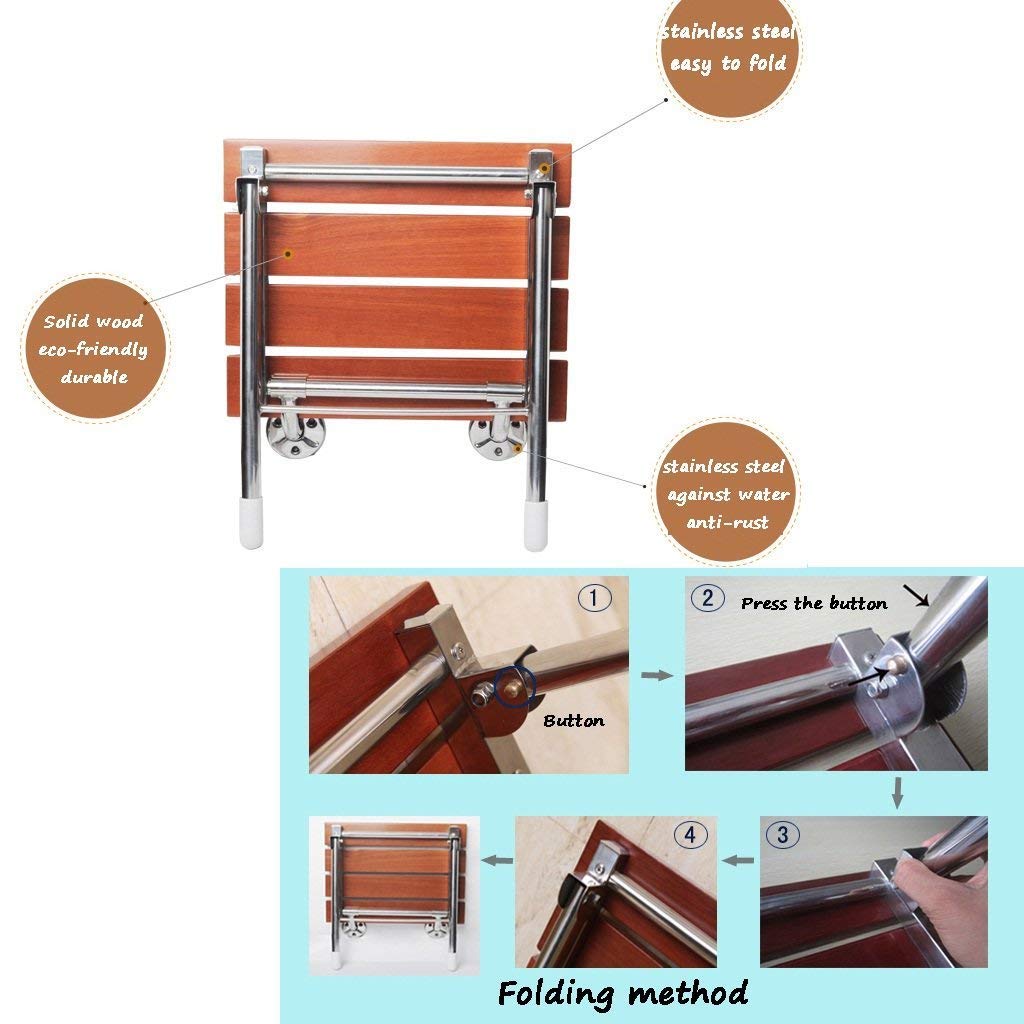 Taburete de ducha montado en la pared, asiento de ducha plegable de madera con superficie antideslizante, patas de acero inoxidable 304, peso máximo 180 kg, ideal para ancianos/discapacitados