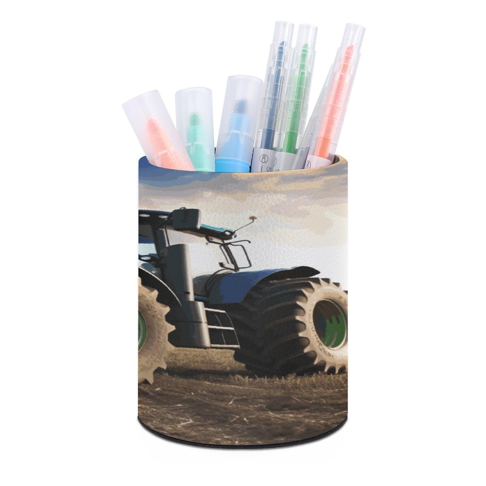 JTREHY Farm Tractor Pen Holder Round Pen Pencil Holder Makeup Brush Holders Cup PU Leather Pencil Cups Desktop Caddy Stationery Organizer Case Office Accessories Container Box