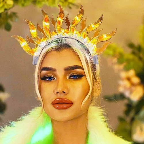 Miniatura 8 de Zoestar Diadema de llama iluminada, bandas para el cabello con luces LED de fuego, disfraz de club nocturno, accesorio para el cabello para mujeres