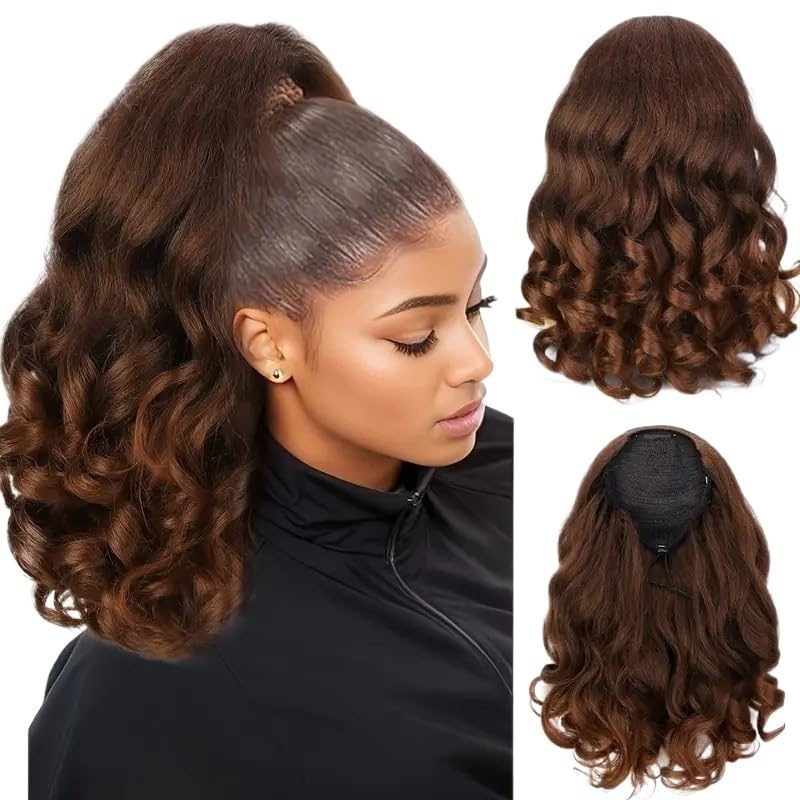 Perruque bouclée moelleuse mi-longue marron pour changer de look