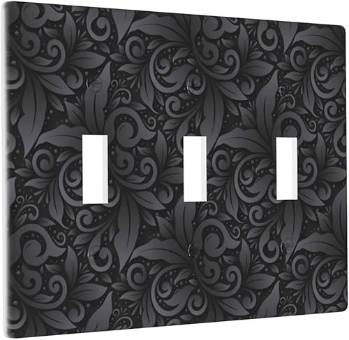 Placa decorativa de pared con patrón floral 3D negro 3D, placa decorativa de pared de 3 bandas, cubierta de placa de interruptor eléctrico de triple