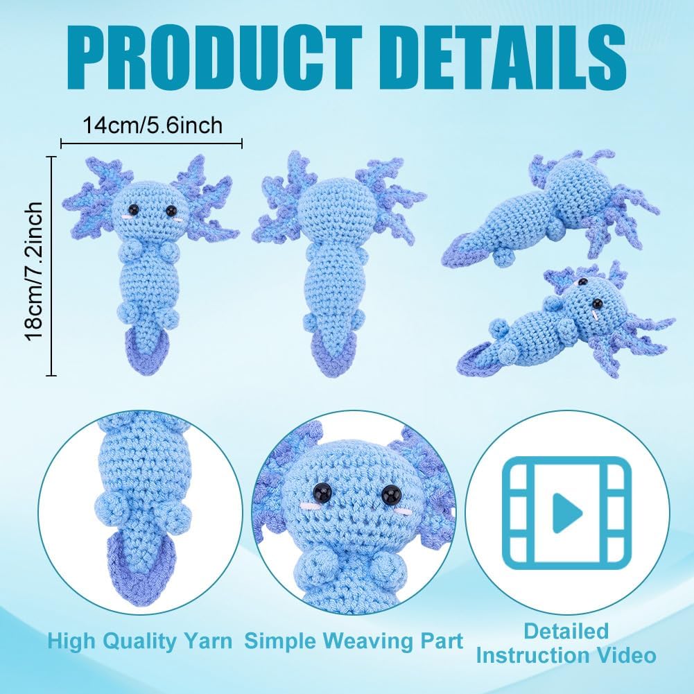 FREEBLOSS 4 Set Axolotl Crochet Kit for Beginners Crochet Animal Kit with Step-by-Step Video Tutorials Yarn for Crocheting Crafts for Adults