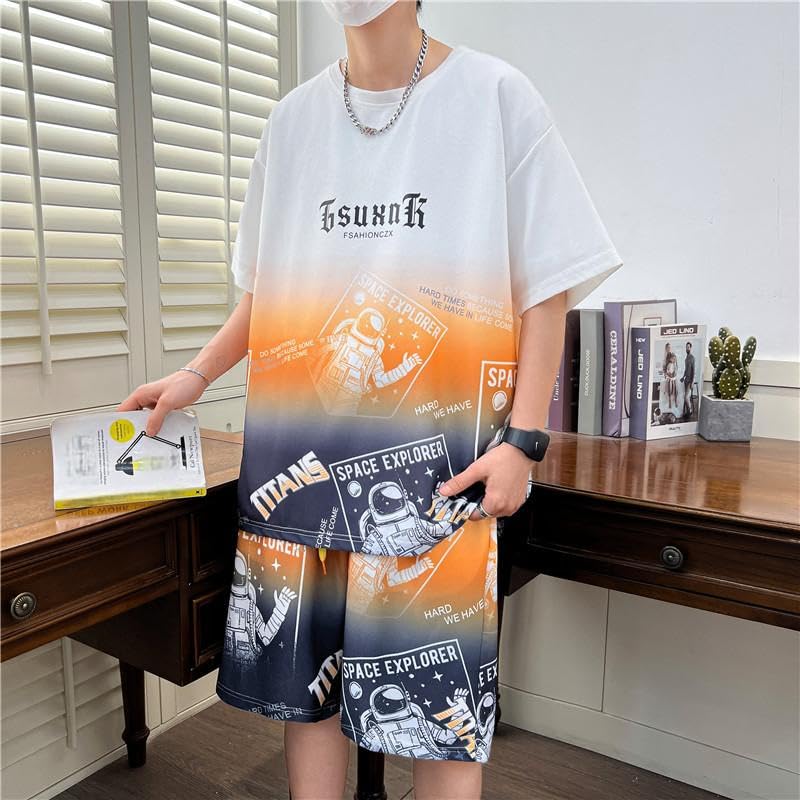 Red-Orange Color Summer Casual Round Neck Men's Suit Breathable Ice Silk Sportswear