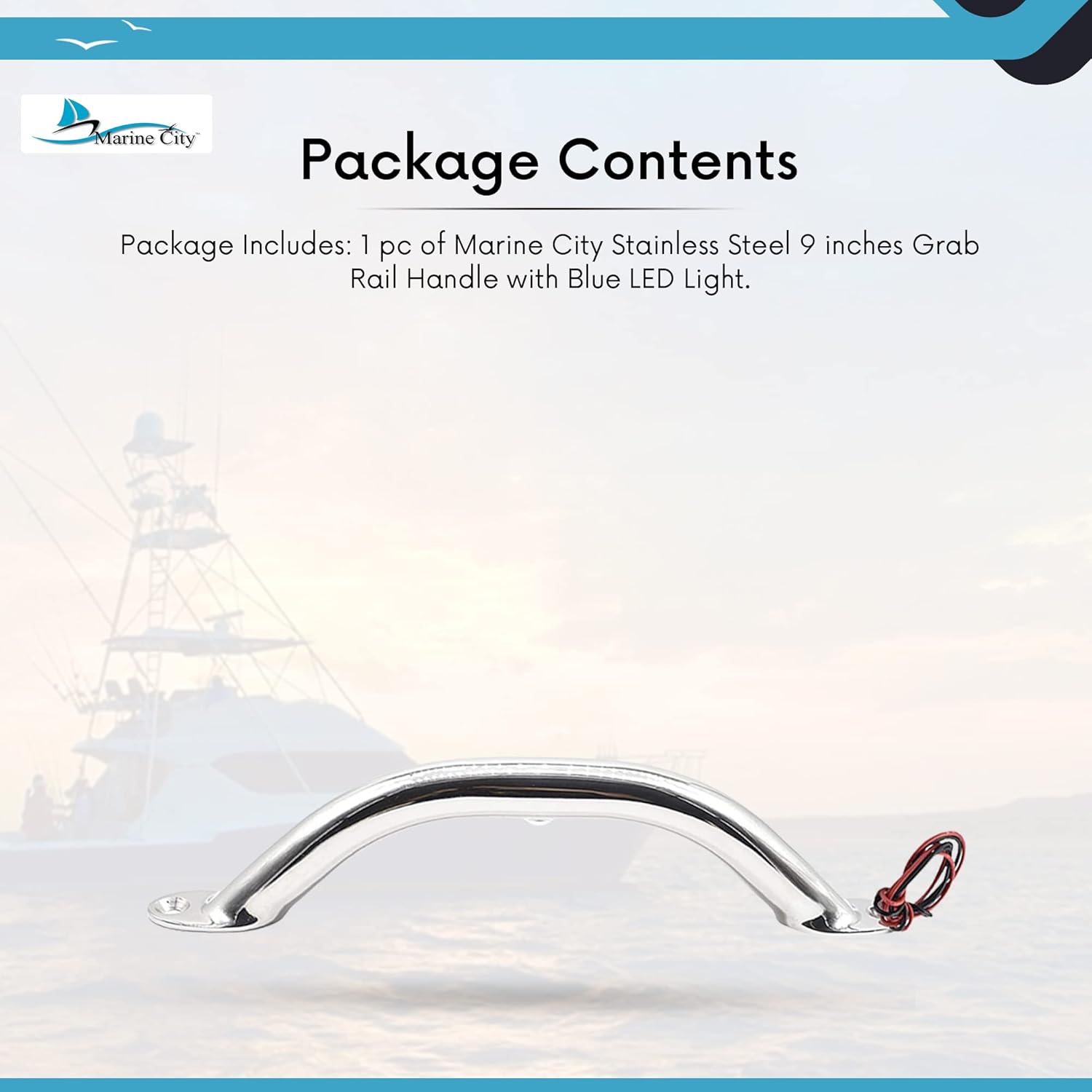 MARINE CITY Polished Stainless Steel Grab Rail Handle with LED Lights for Boats Yachts RVs