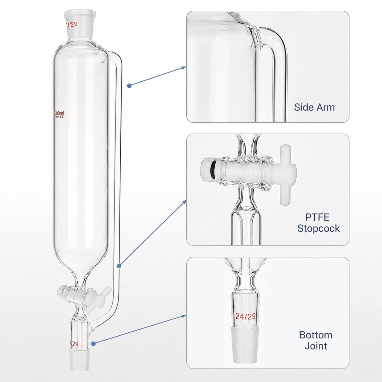 Druckausgleichstrichter aus Borosilikatglas PTFE Hahn Schliff-5000mL 29#