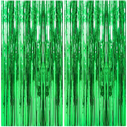 Yowlens 2-Pack Tinsel Fringe Curtain 3.2ft x 6.5ft Pastel Foil Door & Party Background Decoration | Hanging Metallic Streamers for Christmas Birthday & Parties Halloween New Year Decor (Green)