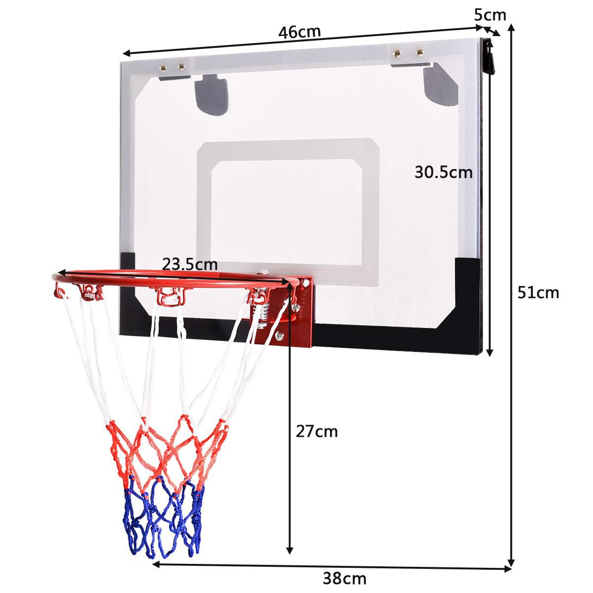 RELAX4LIFE Basketball Backboard Tabellone da Basket a Muro Trasparente, Materiale PC, con Canestro Diametro 23,5 cm, per Interno e Esterno, 45 x 30 cm