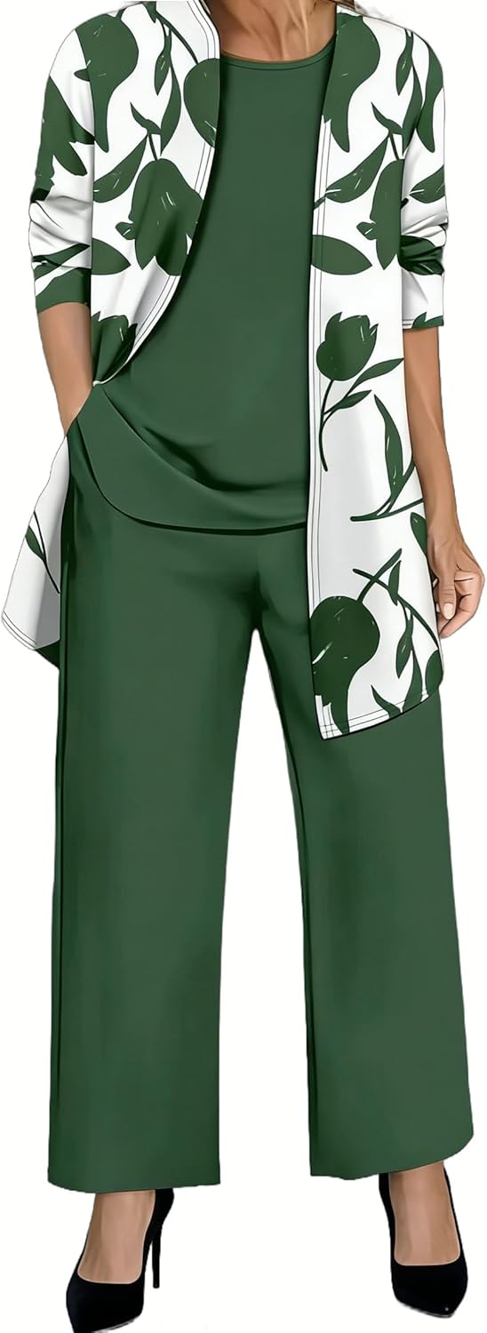 Womens 3 Piece Pant Suit Set Long Sleeve Cardigan Sleeveless Top Wide Leg Pants Sweatsuit Wedding Guest Evening Party Outfits