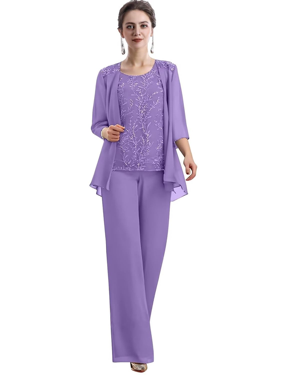 3 Pieces Mother of The Bride Pant Suits with Chiffon Appliques Formal Wedding Evening Pantsuits for Women DM02