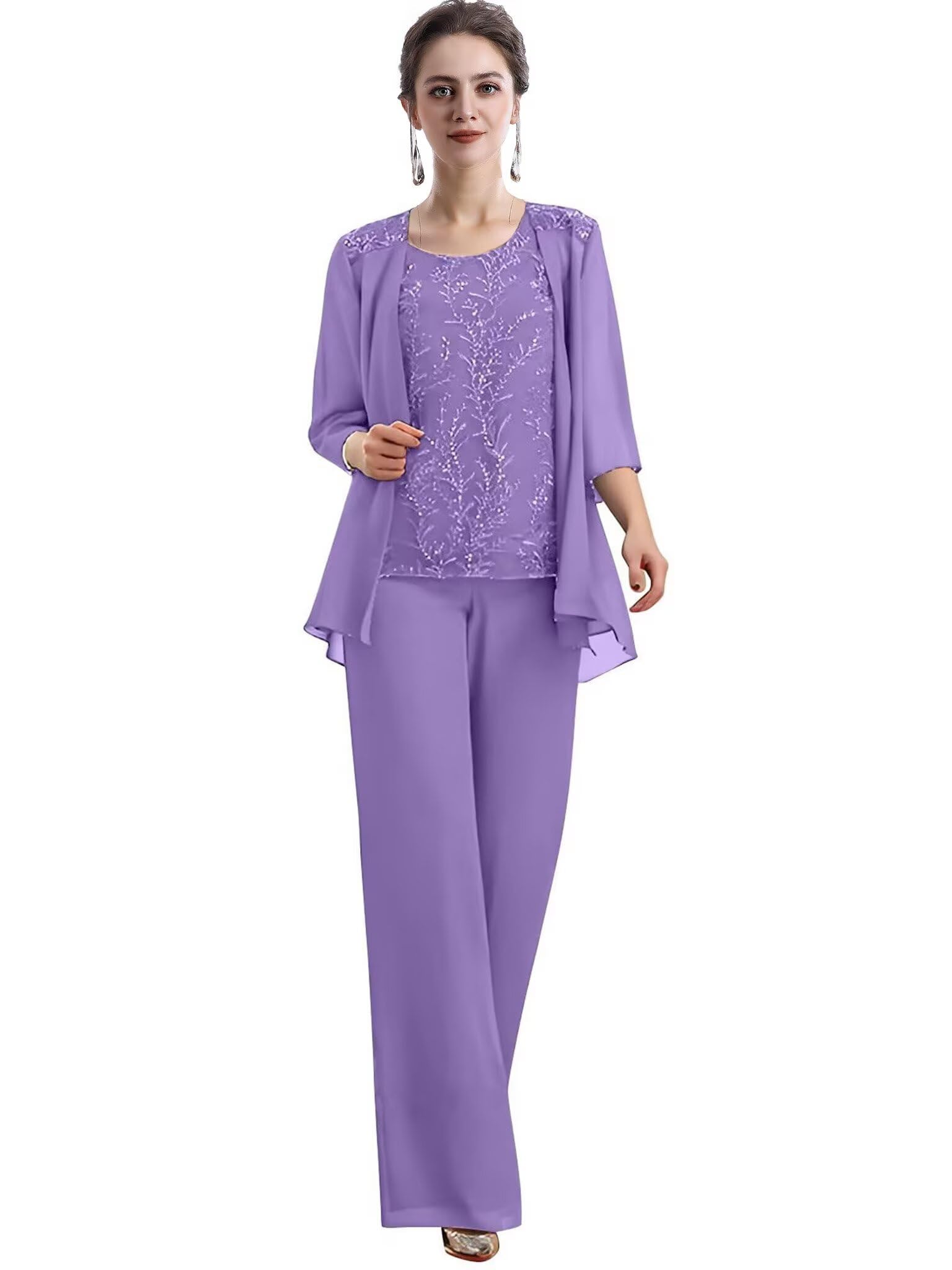 3 Pieces Mother of The Bride Pant Suits with Chiffon Appliques Formal Wedding Evening Pantsuits for Women DM02