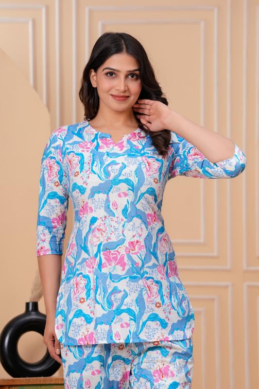 Image of 100% Cotton Printed Night Suit for Women's Shirt and Pyjama Sleep wear Set for Womens and Girls