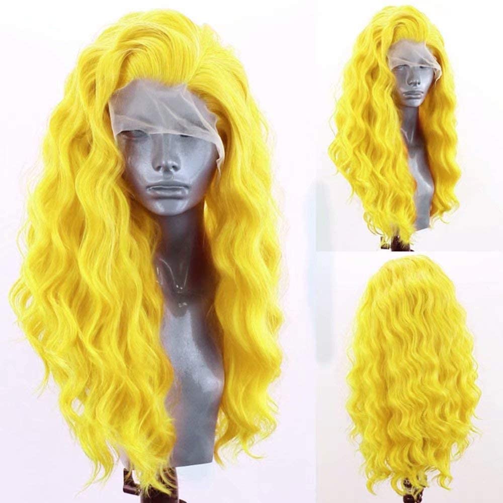 RONGDUOYI RDY Lemon Yellow Fashion Lace Front Wigs for Women Pre Plucked Body Wave Synthetic Wig with Free Part Natural Hairline Wig Cosplay Party