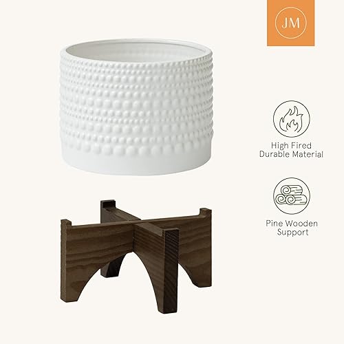 Miniatura 5 de Maceta de cerámica LA JOLIE MUSE con soporte de madera - Maceta de flores de cilindro blanco de 8.0 pulgadas con relieves de patrón de clavos para