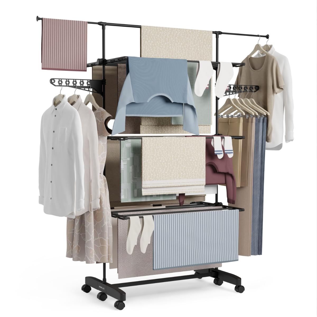 NEWLUX- Wäscheständer ausziehbar Fold Care V60 XXL Schwarz mit Rollen, 5 Doppelebenen und 18–21 m Wäscheleine. Clothes Drying Rack mit Halterung für Kleiderbügel und 1,5 m Lange Kleidungsstücke