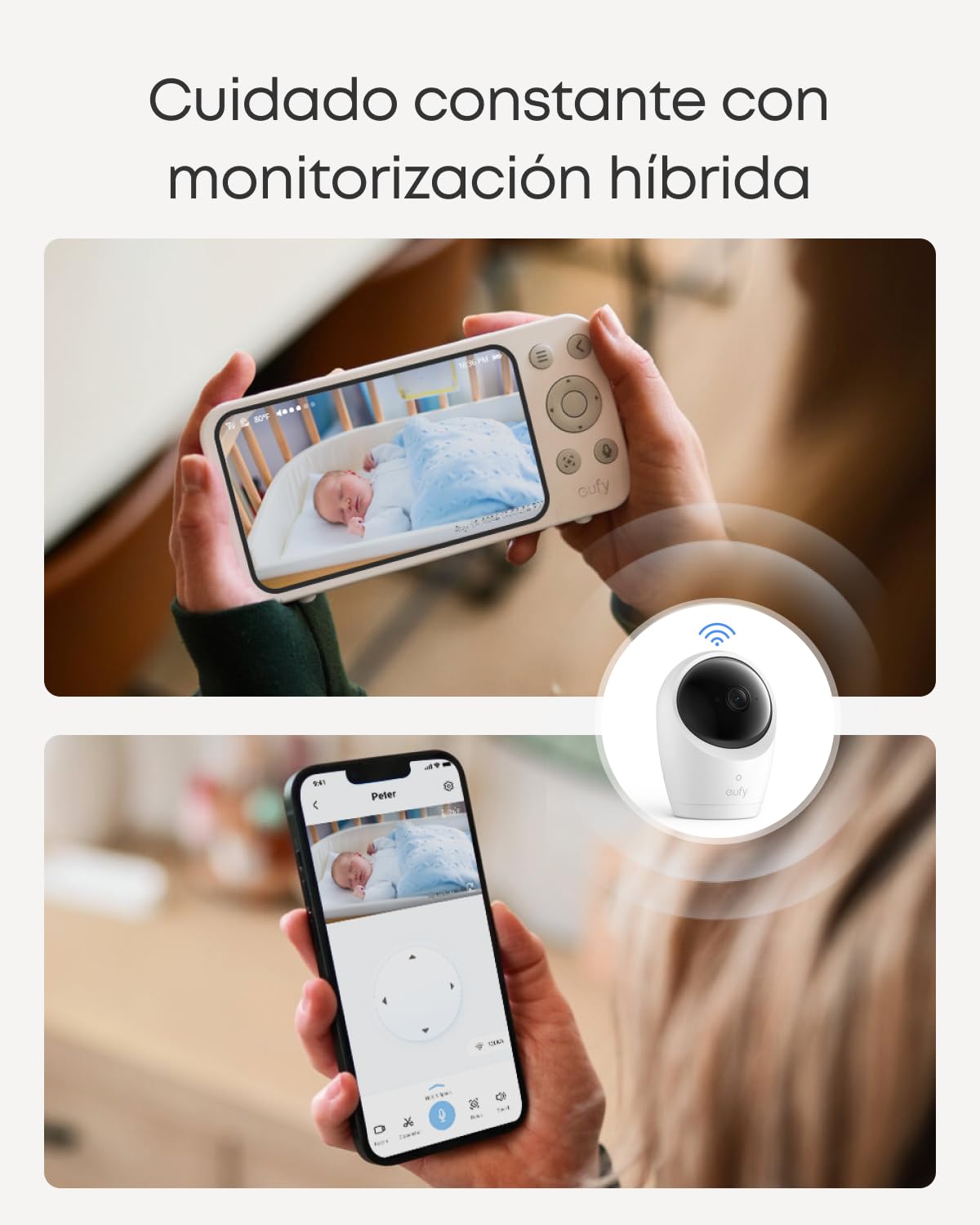 Monitor para bebés eufy E20, resolución 2K, Pantalla de 5'' 720p, conexión híbrida, Control con y sin Wi-Fi, Zoom 4×, visión Nocturna, batería integrada, ANR, alertas Inteligentes, grabación 24/7.