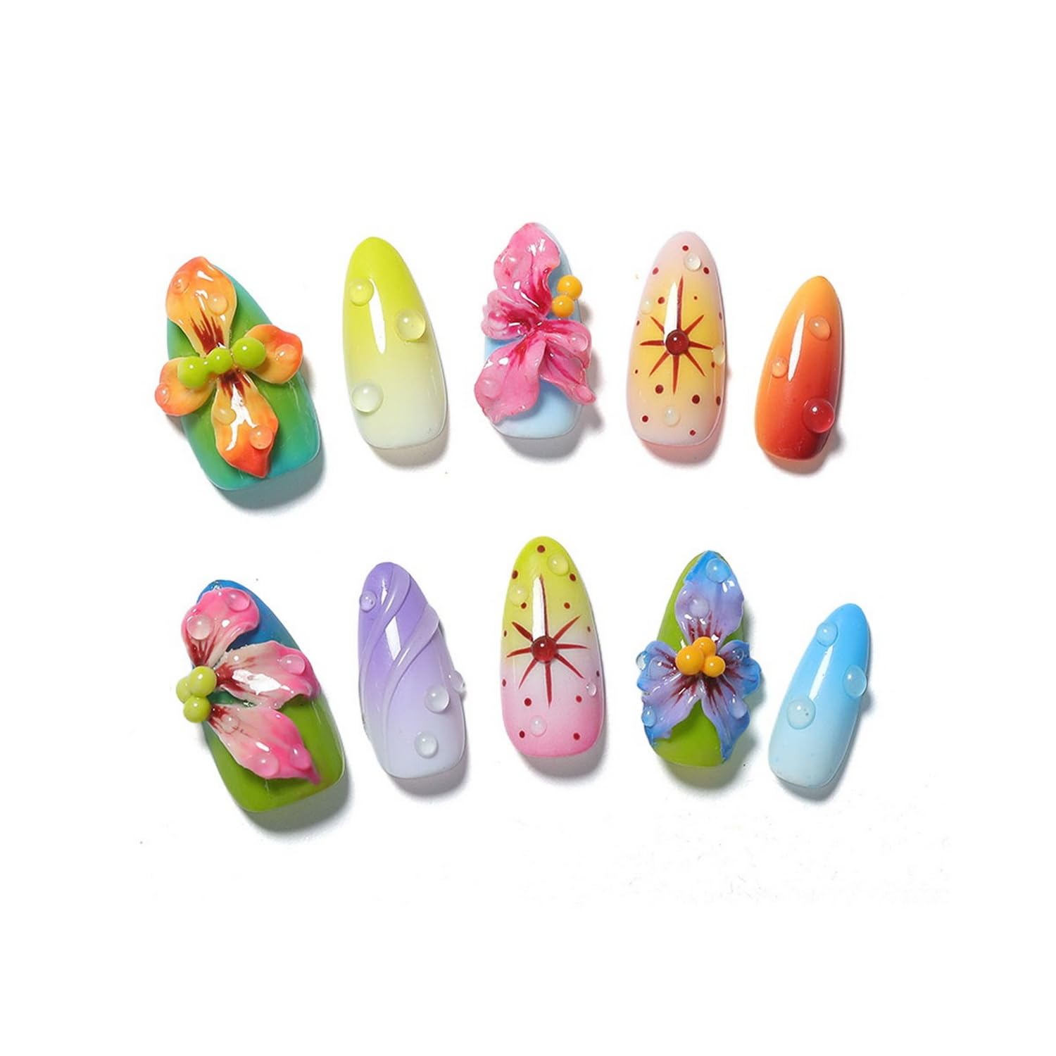 White French Tip Handmade Press on Nails Medium Square Fake Nails Muti-Layer Gel False Nails with 3D Flower Rhinestones Designs Thick Acrylic Nails Full Cover Stick on Nail for Women Nail DIY (Size M): M Colorful Almond M