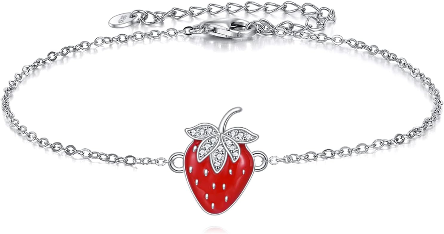URONE Strawberry Bracelet 925 Sterling Silver Fruit Bracelet Red Strawberry Jewelry Gifts for Women