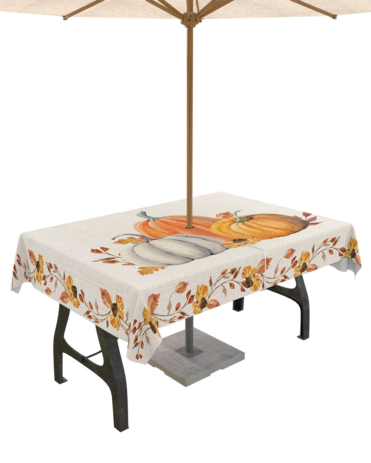Thanksgiving Outdoor Tablecloths with Umbrella Hole and Zipper, Fall Pumpkin Rustic Maple Leaf Lace Burlap Waterproof/Stain Resistant Rectangle Table Cloth 60x84 Patio Table Cover for Picnic/Party
