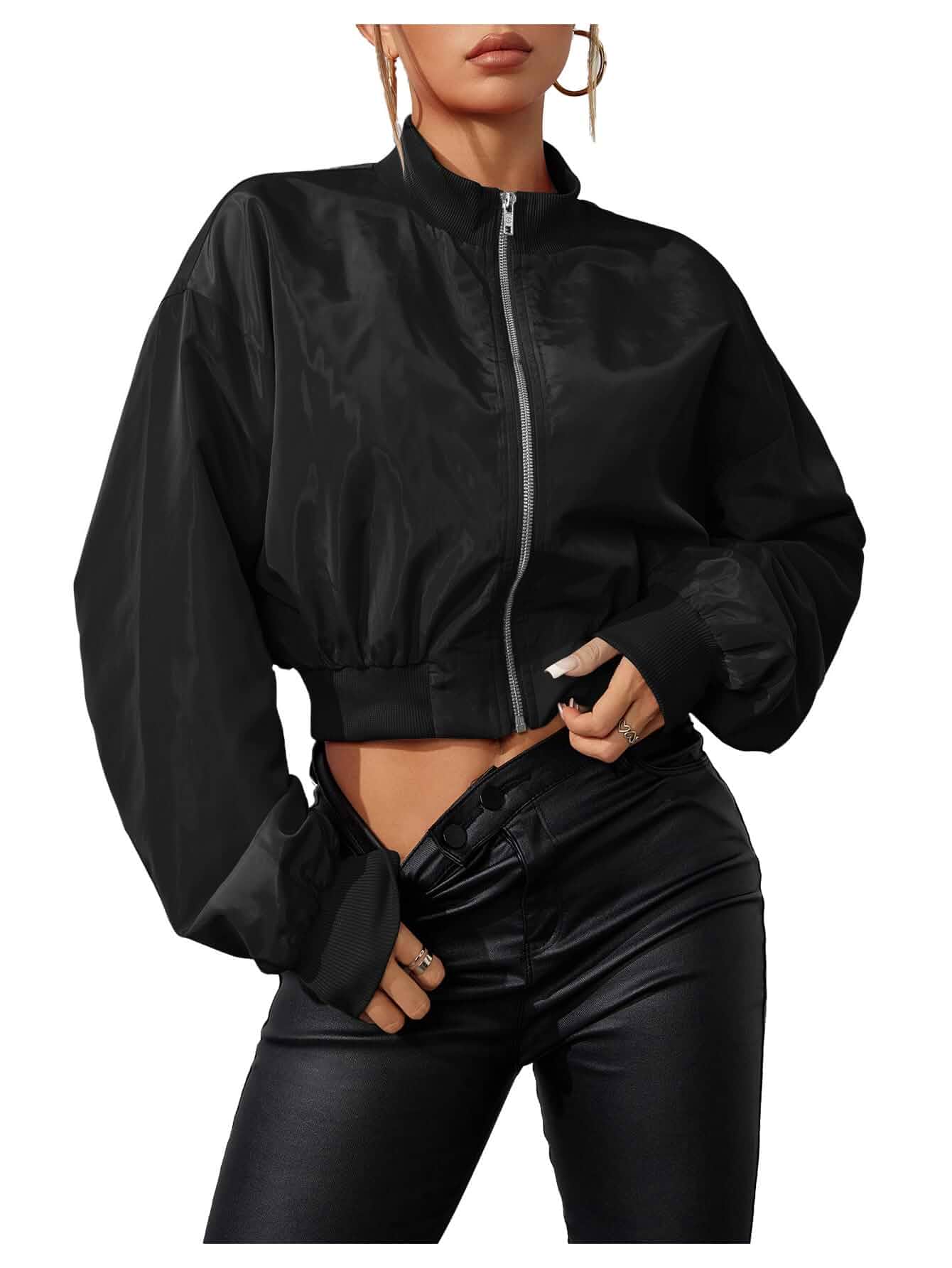 Verdusa Women's Cropped Bomber Lightweight Jacket Long Sleeve Zip Up Outerwear