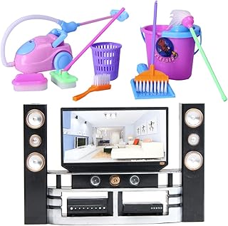 E-TING Miniature Dollhouse Cleaning Tools Set+ Hi-Fi TV Cabinet Set for 7-11.5 inch Dolls Accessories, Multicolored