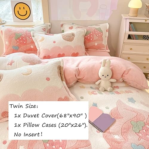 Miniatura 3 de CinYana Juego de funda de edredón de fresa rosa esponjosa funda de edredón Kawaii de dibujos animados funda de edredón suave para niños juego de