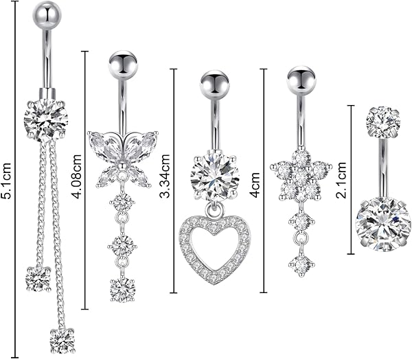 DAVBNM 11 Pcs Dangly Belly Button Bars Belly Bars Dangly Set, Navel Piercing Jewelry Belly Button Piercing, Barbell Navel Bars Piercing Jewelry, Flower Butterfly Navel Bars Set for Women, Silver - 2