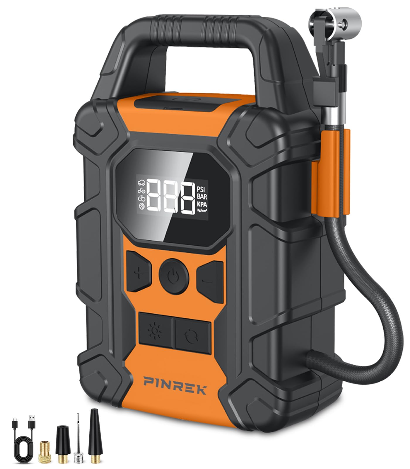 PINREK 150 PSI Portable Air Compressor Tire Inflator Pump for Car Tyres, Bike, SUV & Ball, Cordless Electric Pump with Digital Pressure Gauge, 7800mAh Battery, 25L/Mins, Auto Stop, LED Light