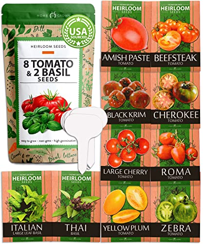 Heirloom Tomato Seeds for Planting - 8 Varieties Plus 2 Basil Herb Seeds for Planting Indoors or Outdoor Gardens | Zebra, Roma, Yellow Plum, Amish, Cherry, Cherokee, Beefsteak, Krim, Basil