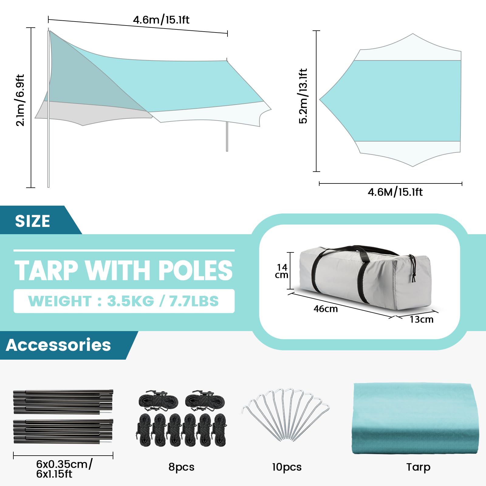 Bâche de Camping avec 2 poteaux,bâche imperméable PU2000+, UPF 50+, revêtement argenté, Toile imperméable avec œillets pour Camping, Backpacking, randonnée