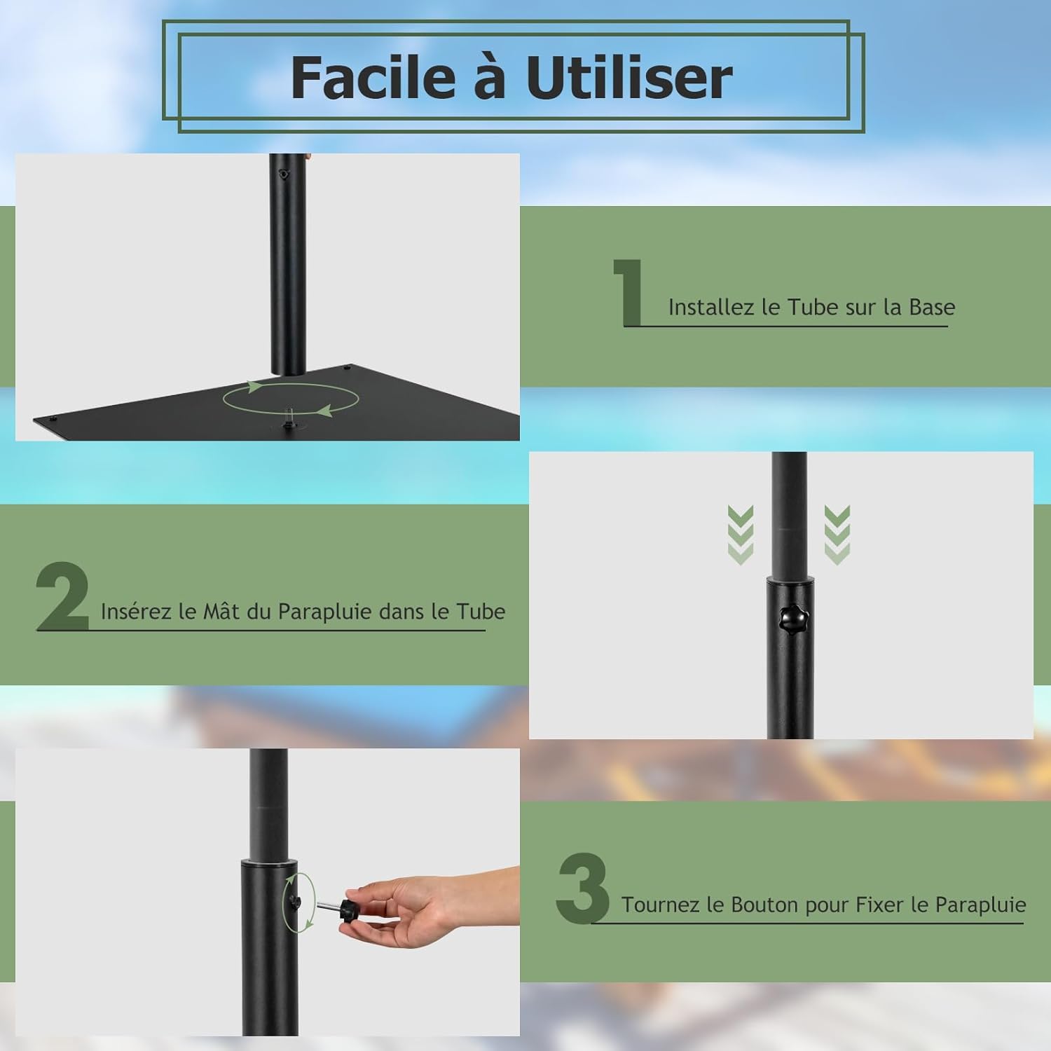 GOPLUS Pied de Parasol en Métal Robuste, Support de Parasol Carré avec Bouton Rotatif, Convient pour Mâts Φ 41/49 MM, pour Jardin, Terrasse, Plage (Noir)