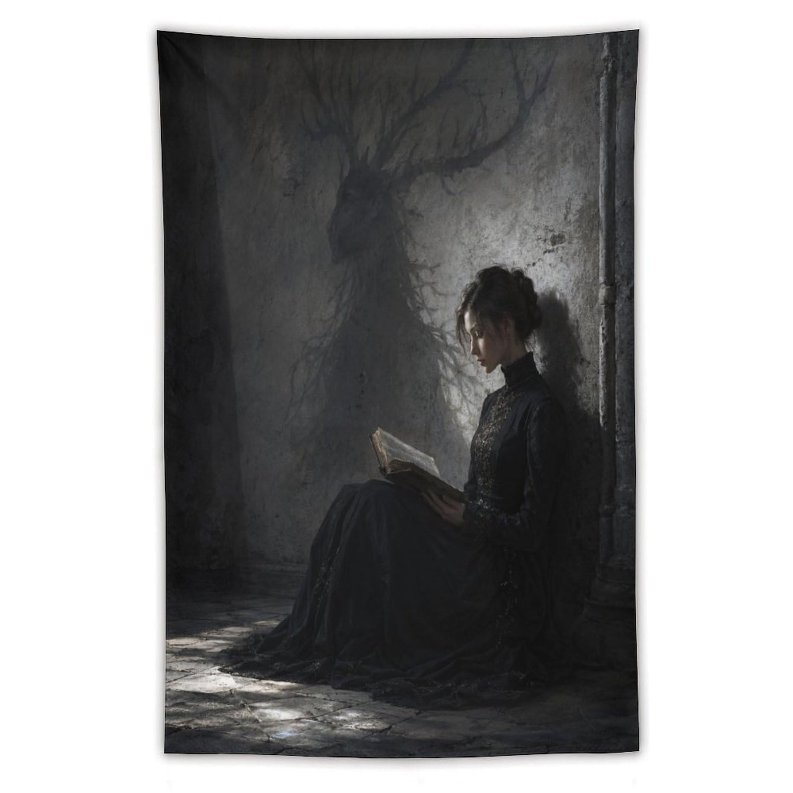 H3B8U2Y5 Moonlit Woman Reading Wall Tapestry, Surrealist Style