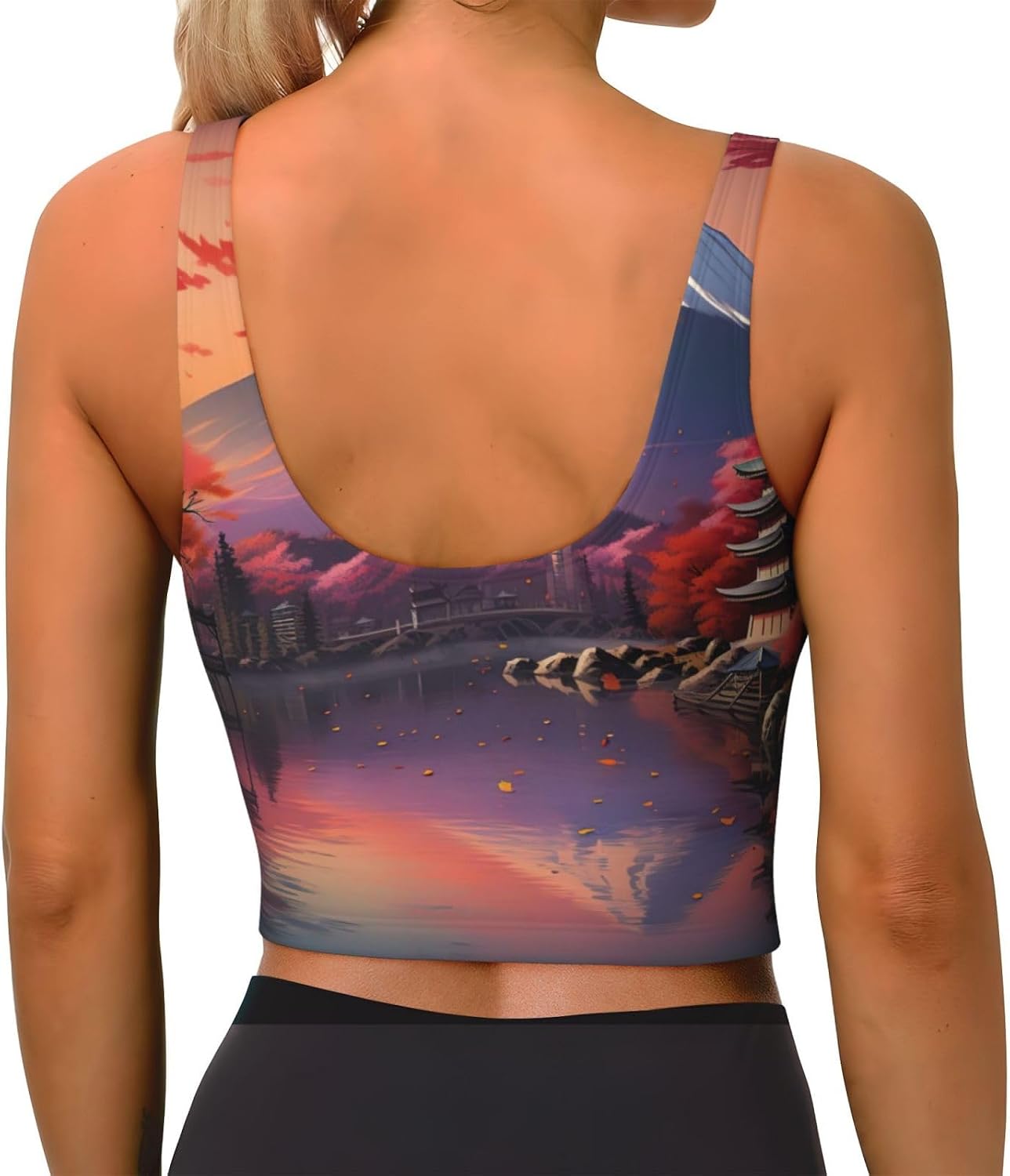 Japan Mount Fuji Landscape Print Women's Sports Bra Tank Tops,Longline Sports Bras for Yoga,Workout and Running