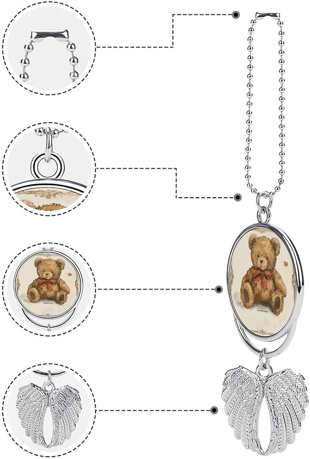 Guardian Angel Wing Hanging Car Charms Car Hanging Ornament Vintage Bear Toy Rear View Mirror Hanging Accessories Aesthetic Pendant for Automotive Interior Home Bag Purse Decoration-Silver image 3