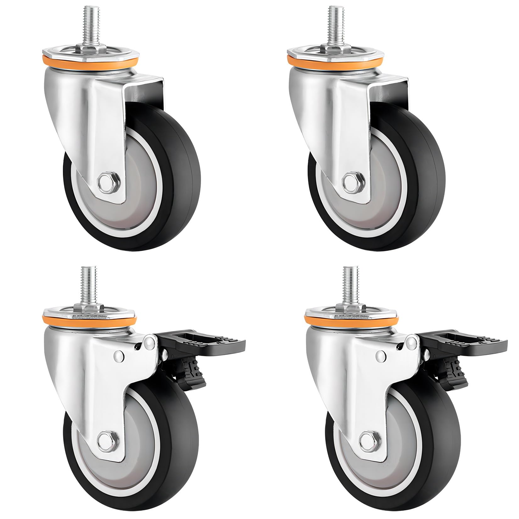 GYEQXKT Set of 4 Swivel Furniture Wheels 63-125mm Silent TPR Rubber Replacement Casters with M10/M12 Threaded Stem 360° Rotation with Brake for Smooth Mobility