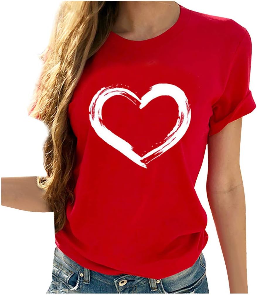 CeboyelWomen Love Heart Graphic Tees Shirt Short Sleeve Tops Tshirts Regular Fit Tunic Blouse Cute Funny Gift Clothes 2023