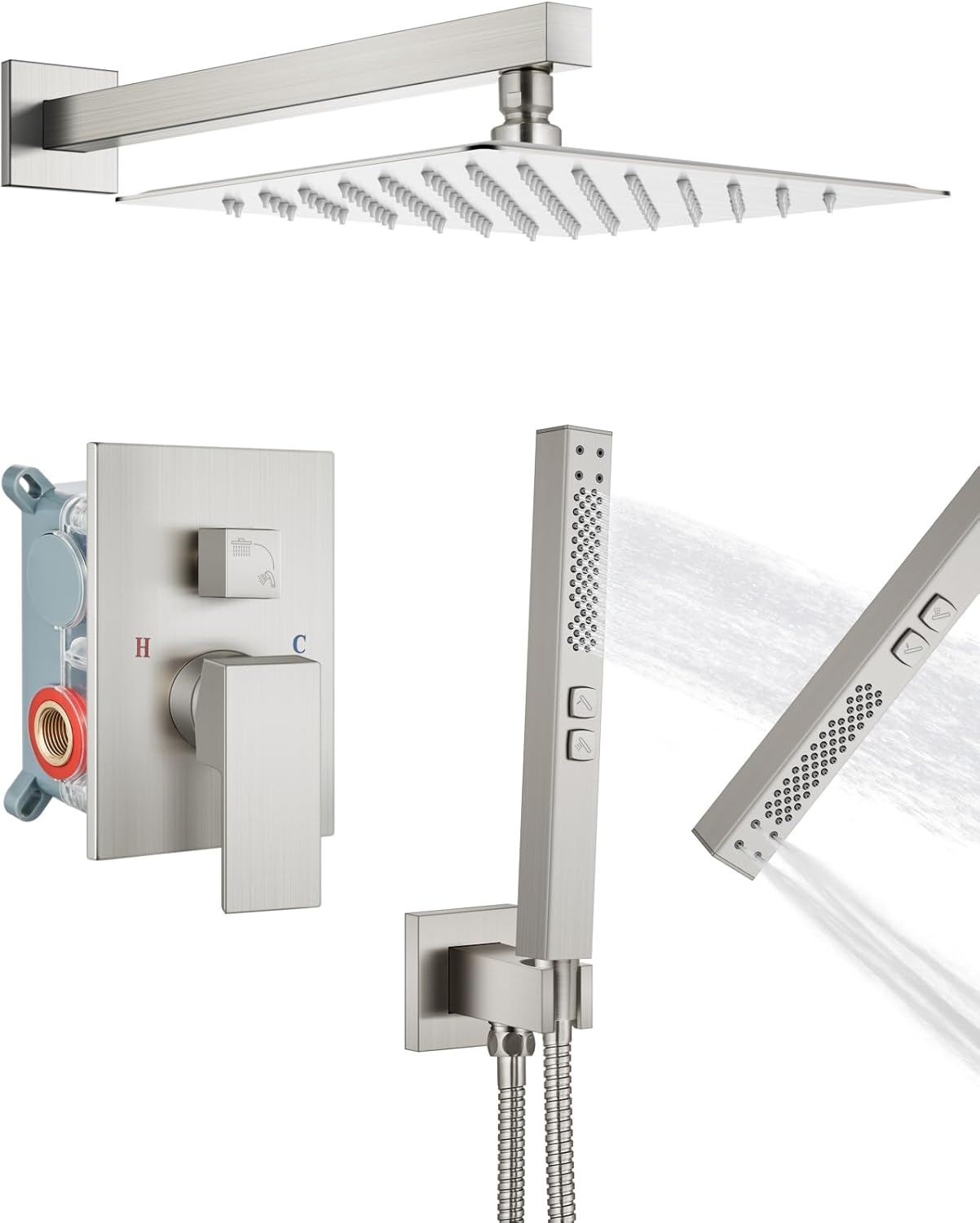 Shower Faucet Set Rainfall Shower System with Square Showerhead and Handle Set Fixture with 2 in 1 Function Handheld Sprayer Wall Mounted Trim Repair Kit Rough-in Valve 10 Inch Brushed Nickel
