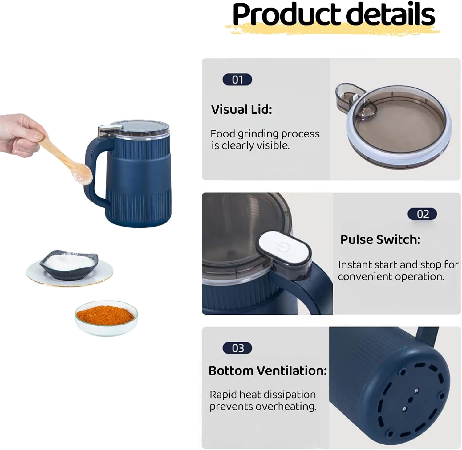 200W Electric Grain Mill Grinder - 8-Blade Stainless Steel Flour & Spice Grinder with Quiet Motor, Overheat Protection & 500ml Capacity for Home Use, White/Blue.