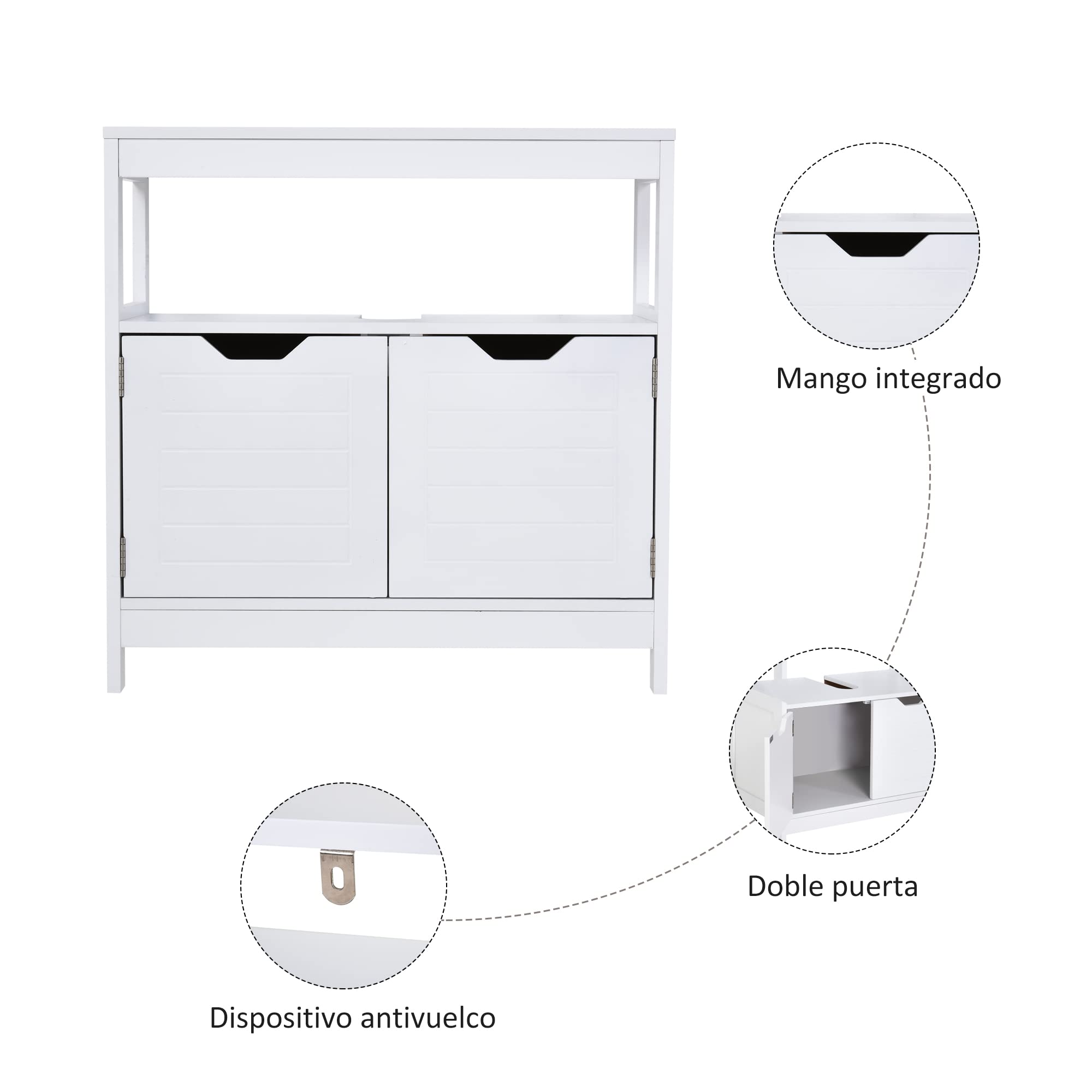 kleankin Armario para Debajo de Lavabo con Estante 60x30x60 cm Blanco | Gabinete de Baño, 2 Puertas de Almacenamiento, Dispositivo Antivuelco, Resistente a la Humedad