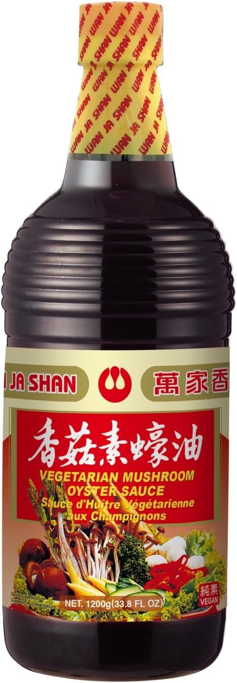 Wan Ja Shan Vegetarian Mushroom Oyster Sauce, 33.8 fl. oz. VEGAN. NON-GMO. NO MSG ADDED. 100% Naturally Brewed. No Chemical Soy Sauce.No Caramel Coloring.