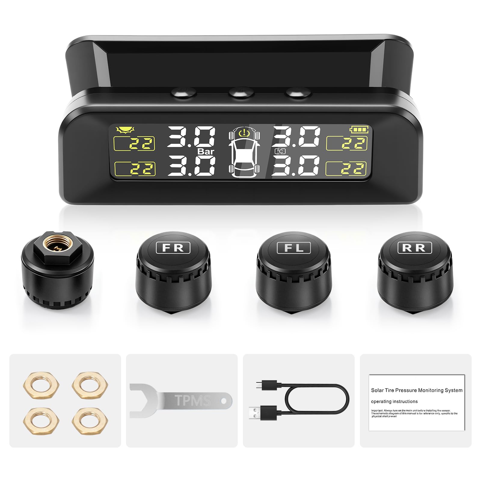Reifendruckkontrollsystem TPMS RDKS Solar(0-3.5Bar) Wireless & USB Aufladung, 5 Alarmmodi(druck und temperatur), Externer Reifendrucksensor, Reifendruckwächter Ausrüstung für Autos, SUVs