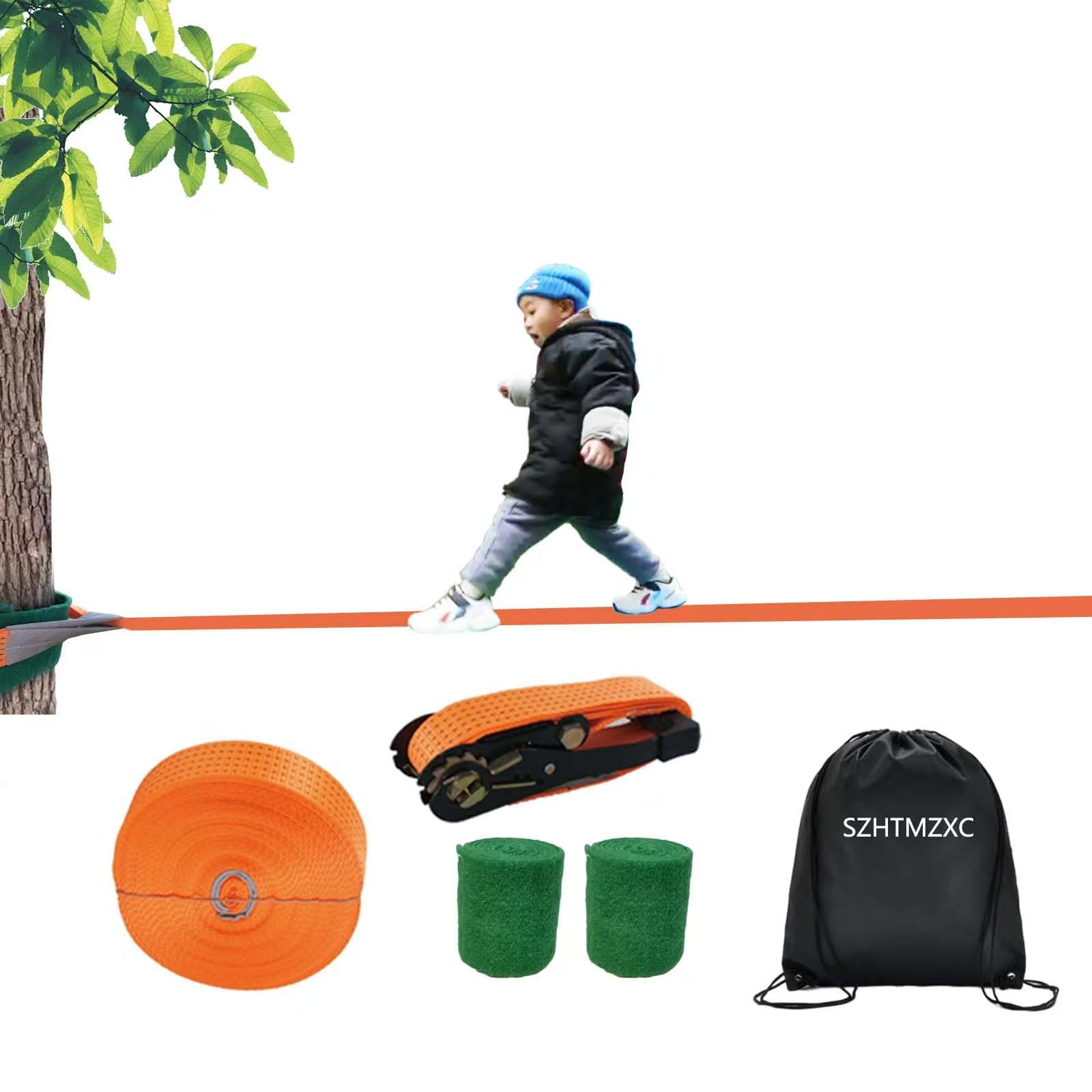 65ft Zipline Slackline Kit with Ratchet System and Tree Protectors, 500lbs Backyard Set for Kids and Adults, Beginner Balance Training Equipment with Carry Bag for Backyard, Park, Gym