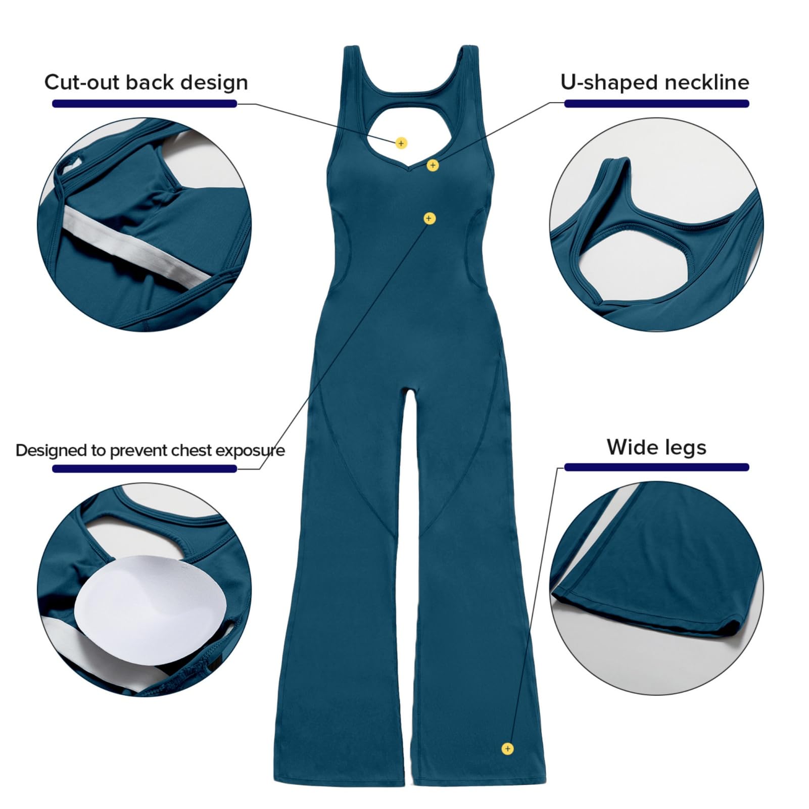 OEAK Mono acampanado para mujer, todo en uno, espalda cruzada, cuello redondo, sin costuras, acolchado, bodycon, para fitness, yoga, gimnasio, deporte, azul, L