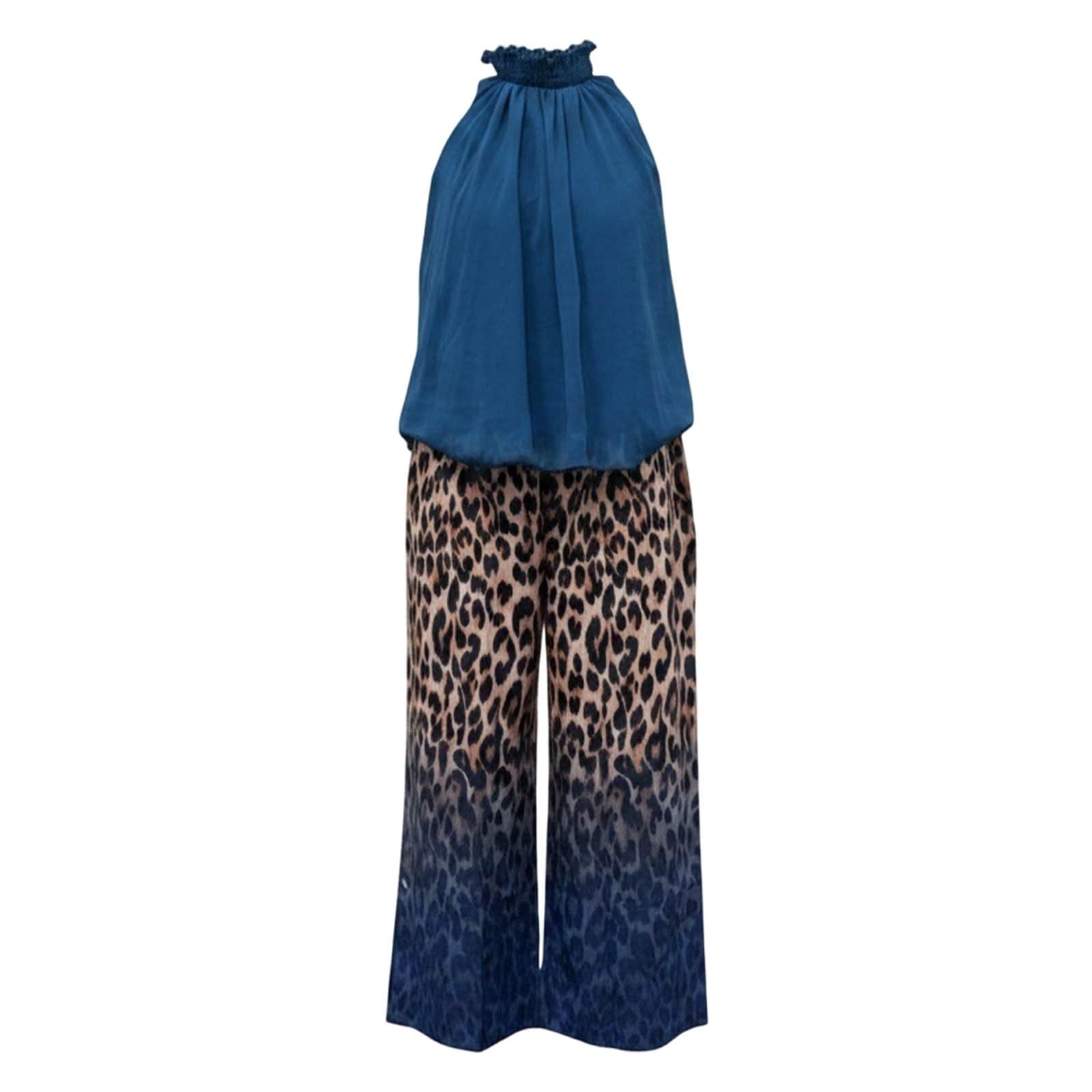 Élégante Robe sans Manches en Velours léopard dégradé à Jambes Larges, col en V