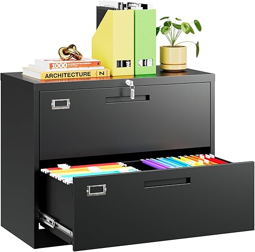 MIIIKO Archivador lateral de 2 cajones con cerradura, archivador para oficina en casa, fácil de montar, archivador de almacenamiento de metal para