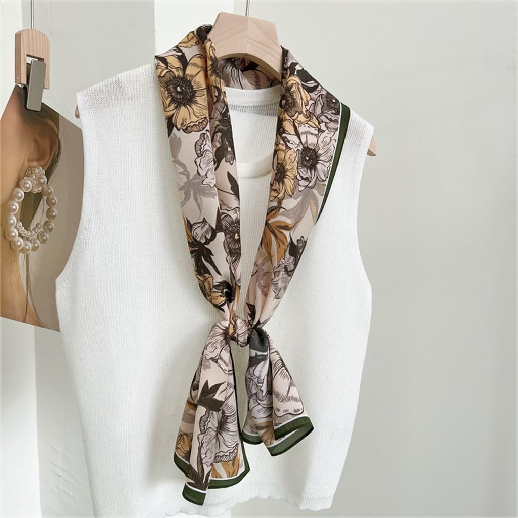 Soie Crêpe De Chine Floral Vert Foncé Bord Écharpes for Femmes Écharpes Longues Polyvalentes Petites Écharpes Longues
