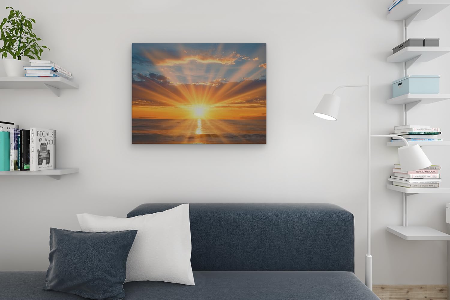Artaza Leinwand Bilder Sonnenuntergang Meer - 80x60 cm - Wanddeko Maritim - Wandbilder Deko Wohnzimmer - Strahlen Ozean
