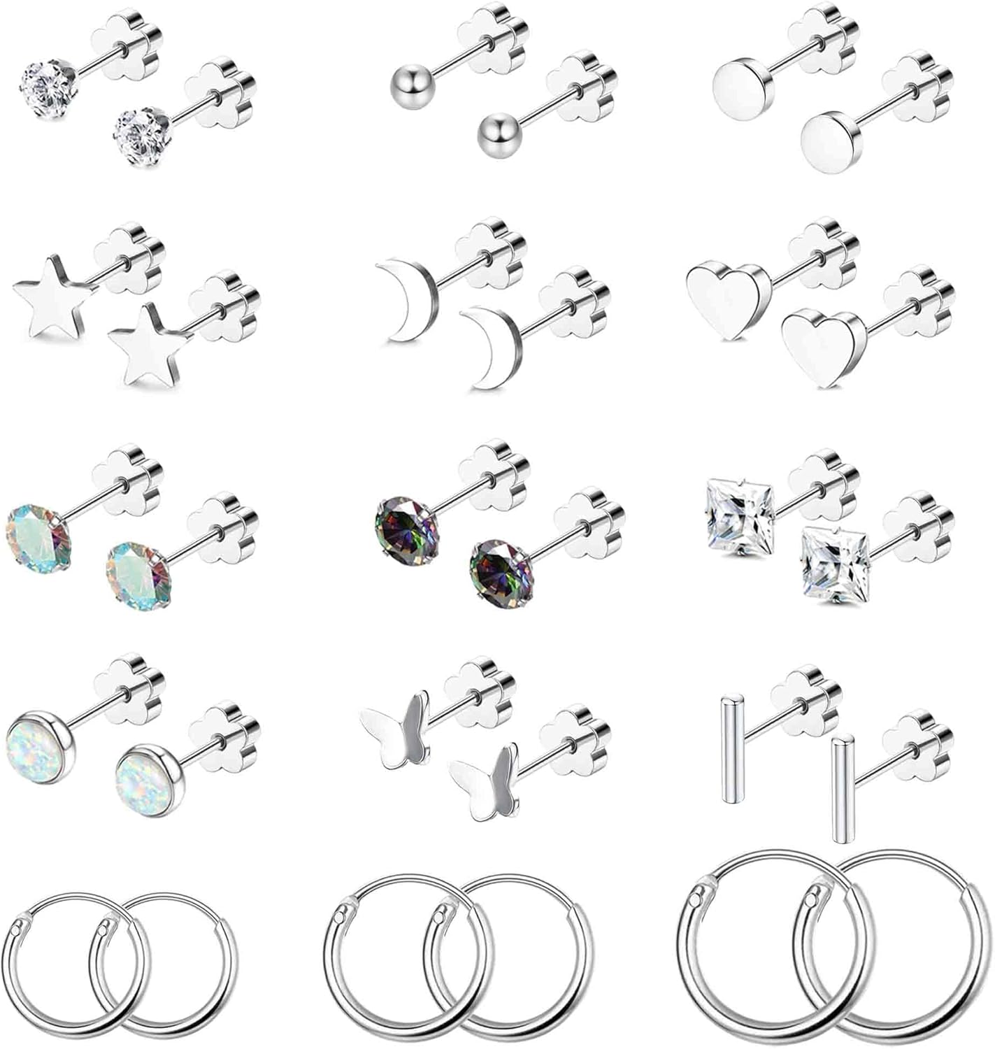 Staligue 15 Pairs Surgical Steel Earrings for Women Men Flat Back Earrings Hypoallergenic Opal Ball CZ Hoop 20 Gauge Earrings Sets for Multiple Piercing Jewelry